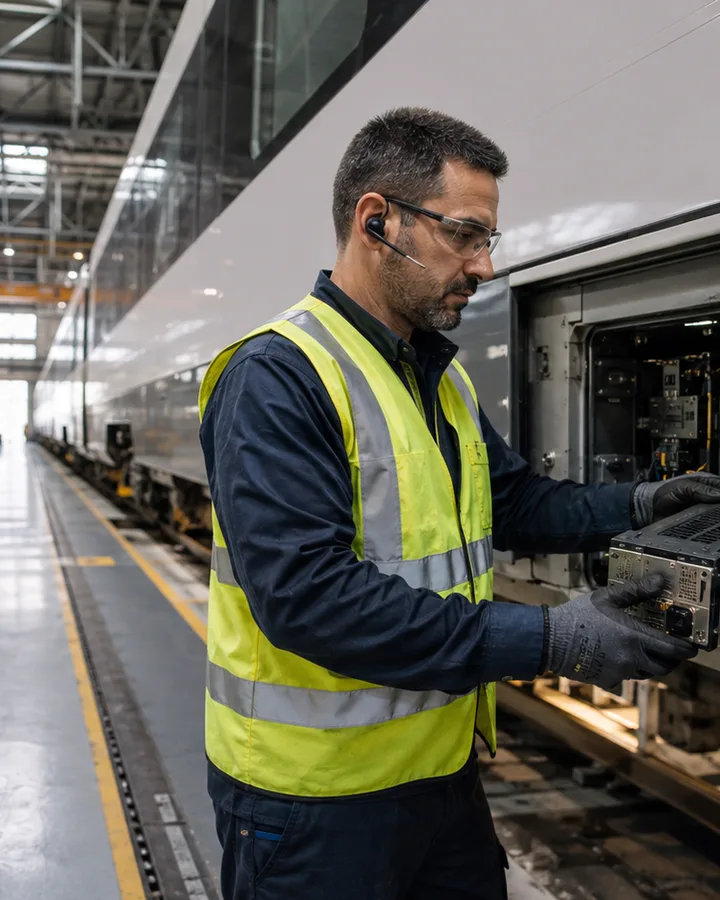 A rail technician describes a fault on the module in front of him, and the agent records the symptom and the diagnosis on the open work order.